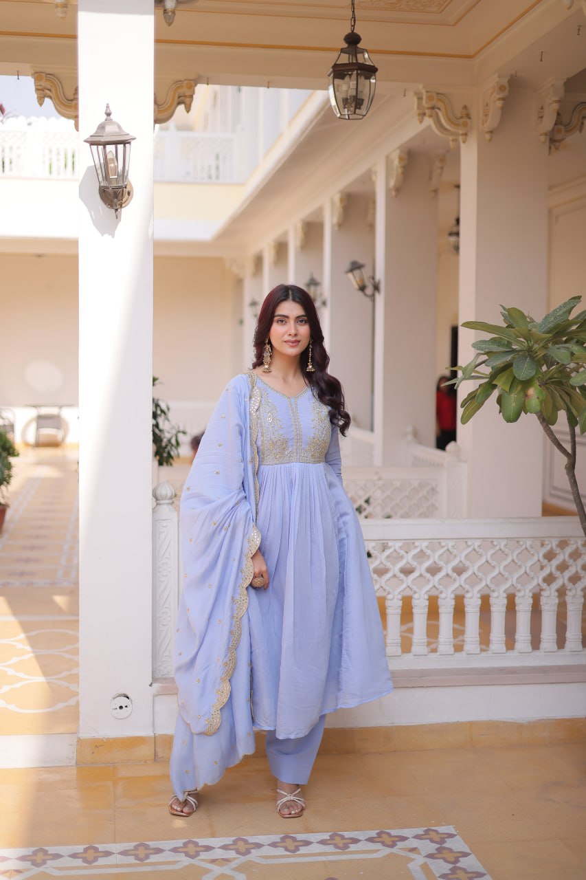 Lavender Chanderi Embroidered Gown Set ClothsVilla