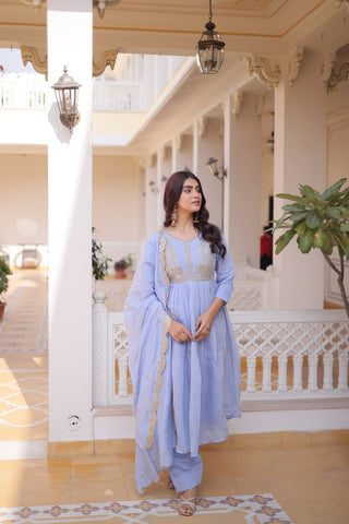 Lavender Chanderi Embroidered Gown Set ClothsVilla
