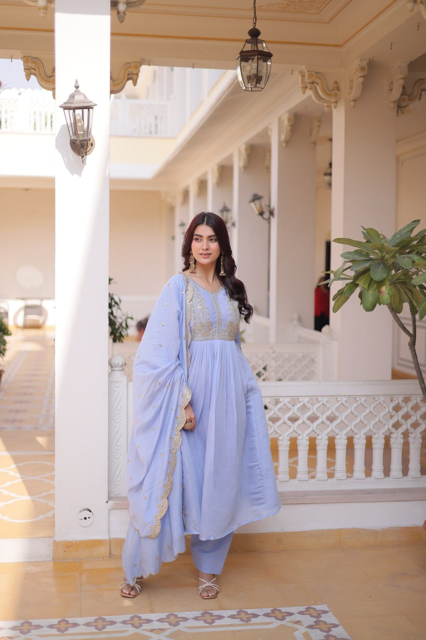 Lavender Chanderi Embroidered Gown Set ClothsVilla