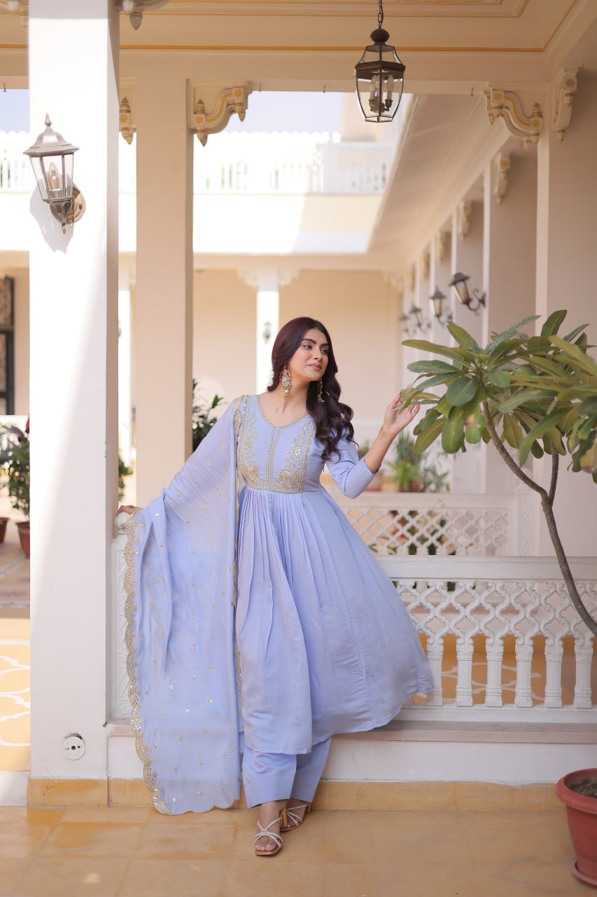 Lavender Chanderi Embroidered Gown Set ClothsVilla