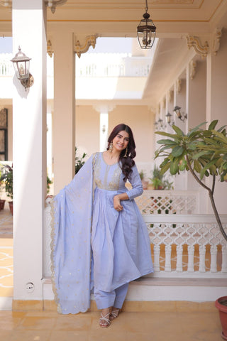 Lavender Chanderi Embroidered Gown Set ClothsVilla