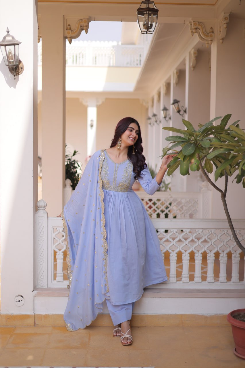 Lavender Chanderi Embroidered Gown Set ClothsVilla