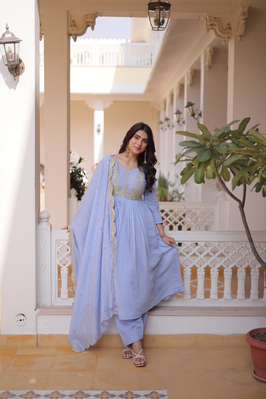 Lavender Chanderi Embroidered Gown Set ClothsVilla