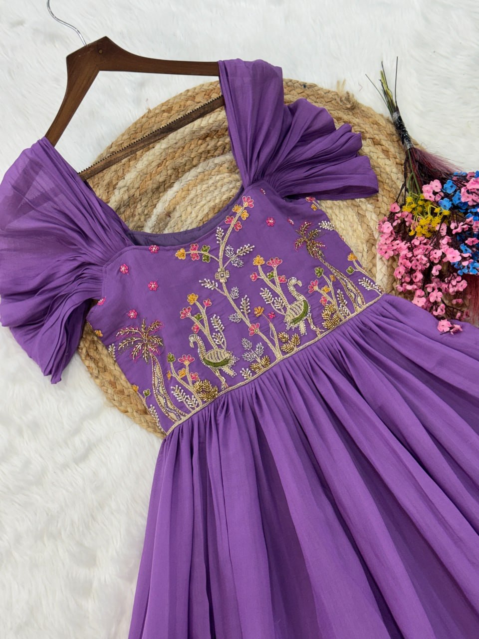 Lavender Chanderi Gown with Cap Sleeves Clothsvilla