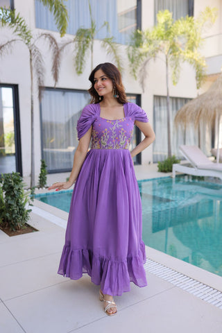 Lavender Chanderi Gown with Cap Sleeves Clothsvilla