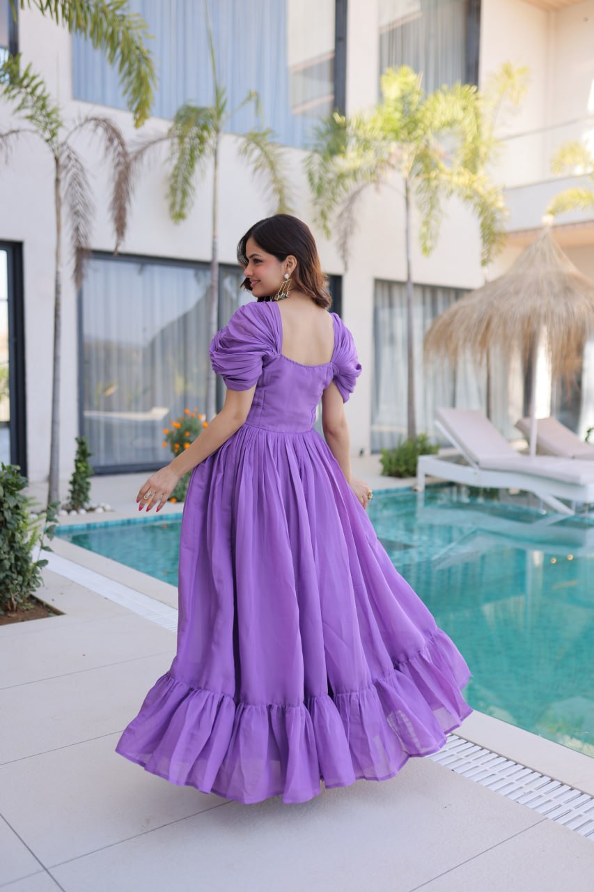 Lavender Chanderi Gown with Cap Sleeves Clothsvilla