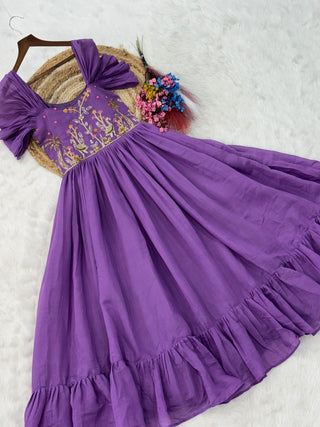 Lavender Chanderi Gown with Cap Sleeves Clothsvilla