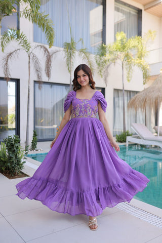 Lavender Chanderi Gown with Cap Sleeves Clothsvilla