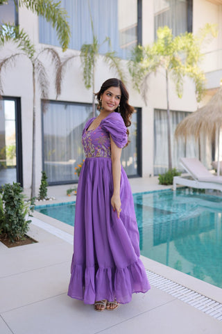 Lavender Chanderi Gown with Cap Sleeves Clothsvilla