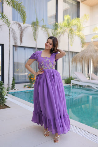 Lavender Chanderi Gown with Cap Sleeves Clothsvilla