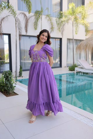 Lavender Chanderi Gown with Cap Sleeves Clothsvilla