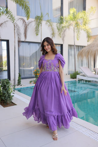 Lavender Chanderi Gown with Cap Sleeves Clothsvilla