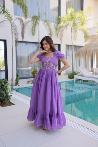 Lavender Chanderi Gown with Cap Sleeves Clothsvilla