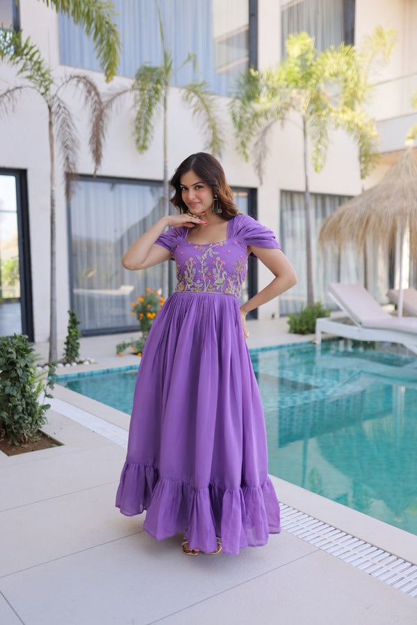 Lavender Chanderi Gown with Cap Sleeves Clothsvilla