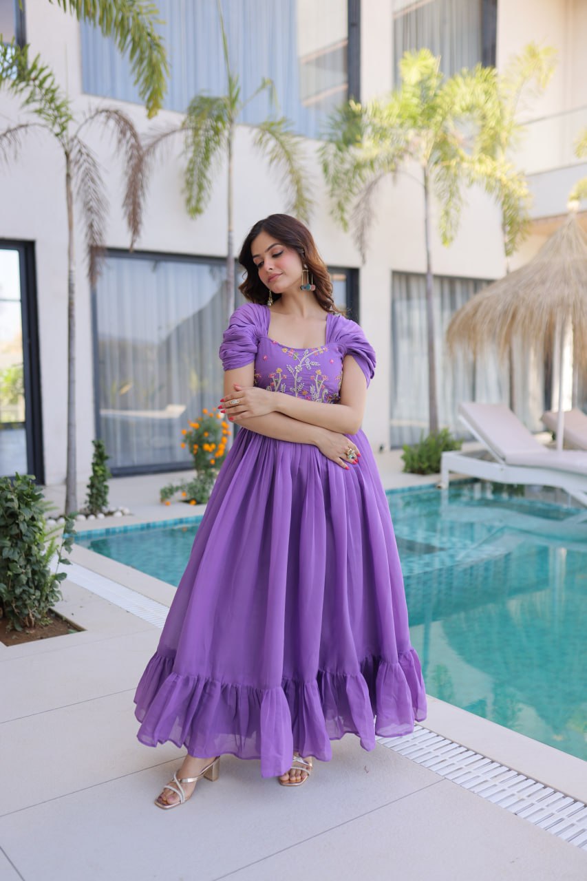 Lavender Chanderi Gown with Cap Sleeves Clothsvilla