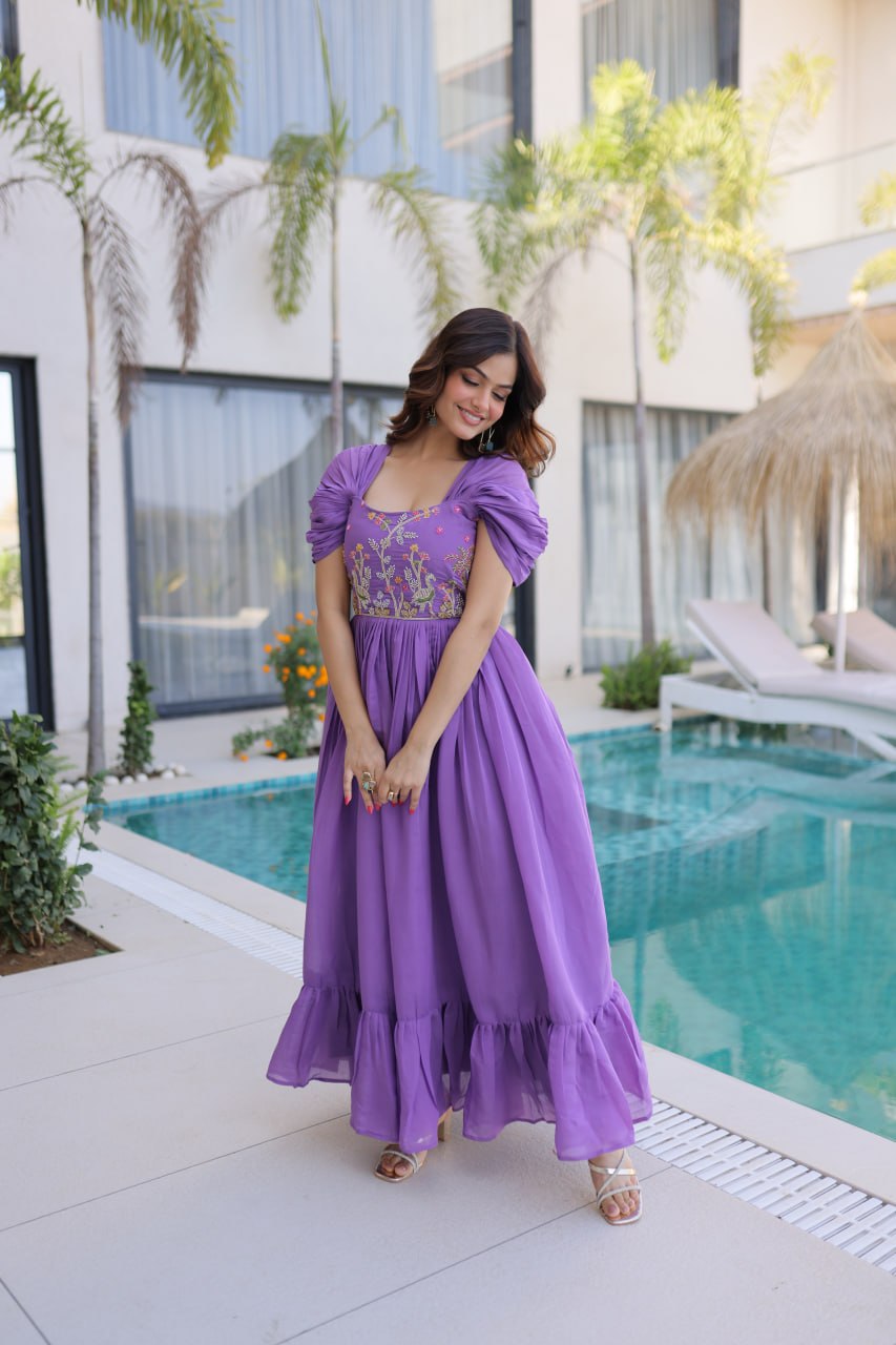 Lavender Chanderi Gown with Cap Sleeves Clothsvilla