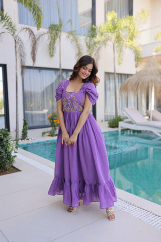 Lavender Chanderi Gown with Cap Sleeves Clothsvilla