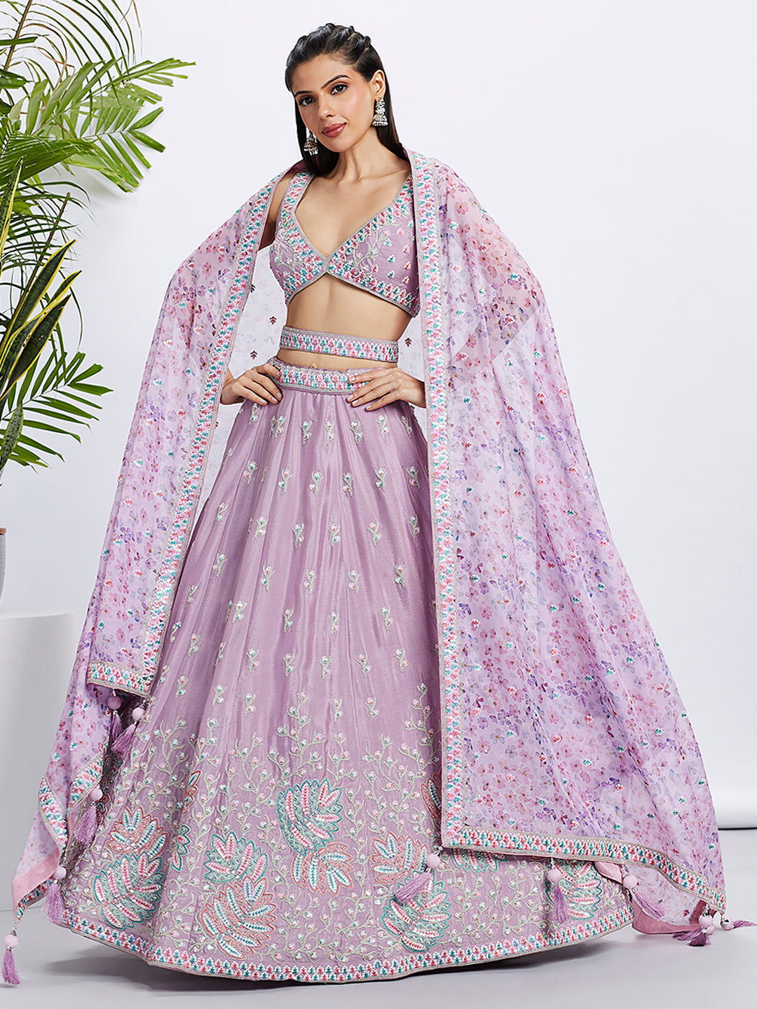 Lavender Chiffon Lehenga Choli Set with Sequins & Embroidery ClothsVilla