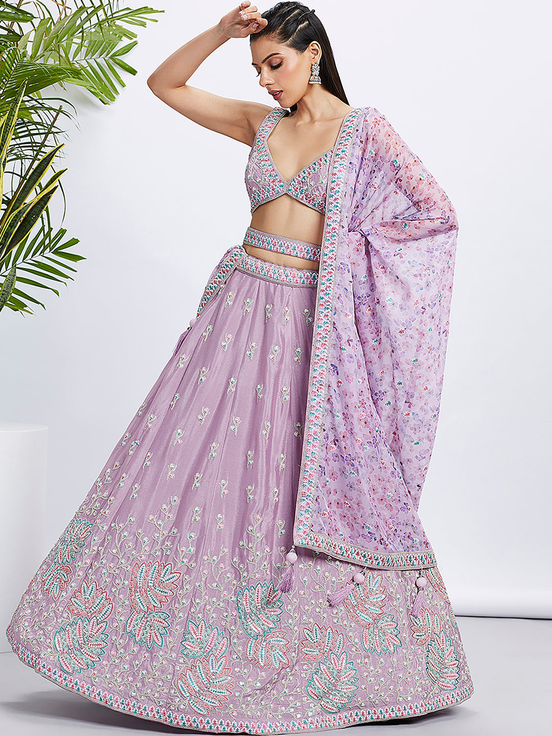 Lavender Chiffon Lehenga Choli Set with Sequins & Embroidery ClothsVilla
