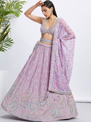 Lavender Chiffon Lehenga Choli Set with Sequins & Embroidery ClothsVilla