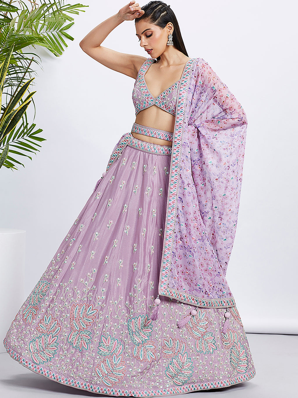 Lavender Chiffon Lehenga Choli Set with Sequins & Embroidery ClothsVilla