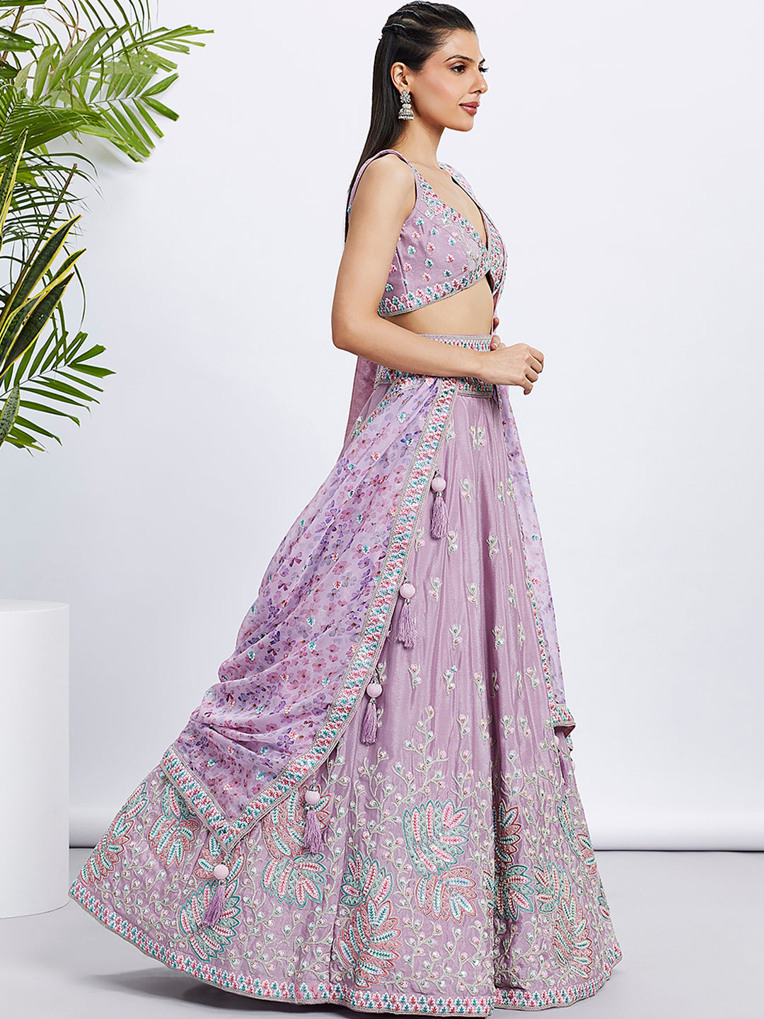 Lavender Chiffon Lehenga Choli Set with Sequins & Embroidery ClothsVilla