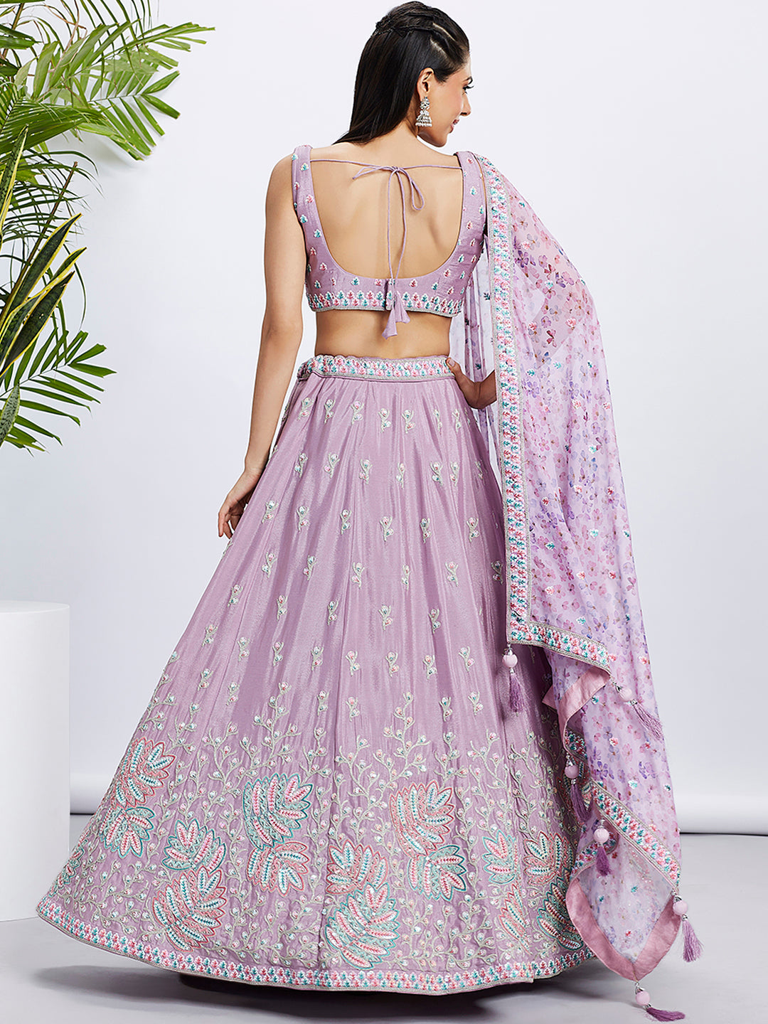 Lavender Chiffon Lehenga Choli Set with Sequins & Embroidery ClothsVilla