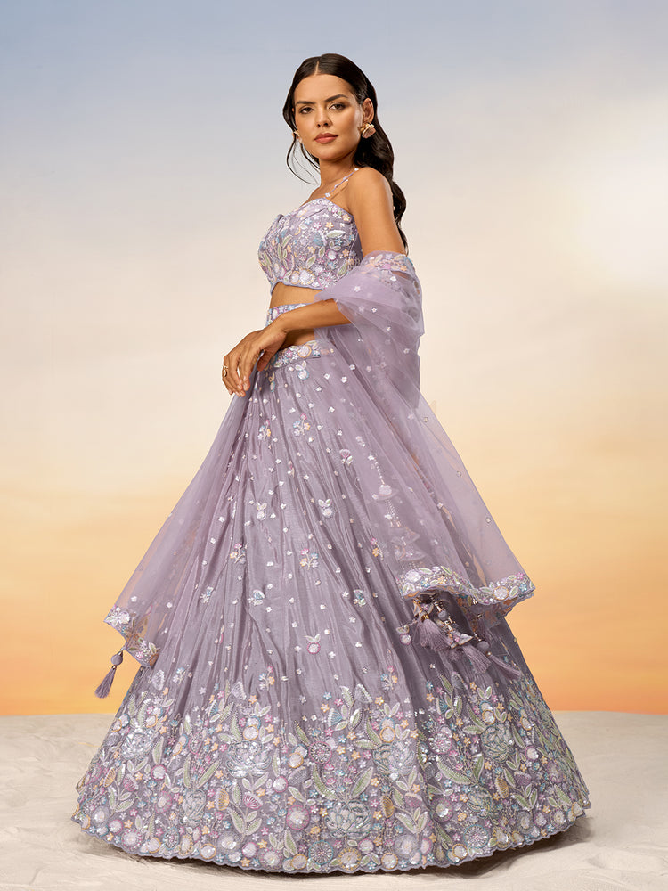 Lavender Chiffon Sequins and thread embroidery Semi-Stitched Lehenga choli & Dupatta ClothsVilla