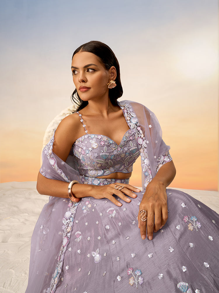 Lavender Chiffon Sequins and thread embroidery Semi-Stitched Lehenga choli & Dupatta ClothsVilla