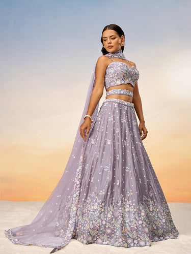 Lavender Chiffon Sequins and thread embroidery Semi-Stitched Lehenga choli & Dupatta ClothsVilla