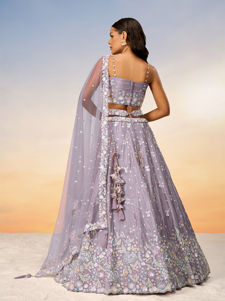 Lavender Chiffon Sequins and thread embroidery Semi-Stitched Lehenga choli & Dupatta ClothsVilla