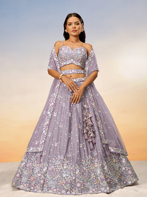 Lavender Chiffon Sequins and thread embroidery Semi-Stitched Lehenga choli & Dupatta ClothsVilla Main image
