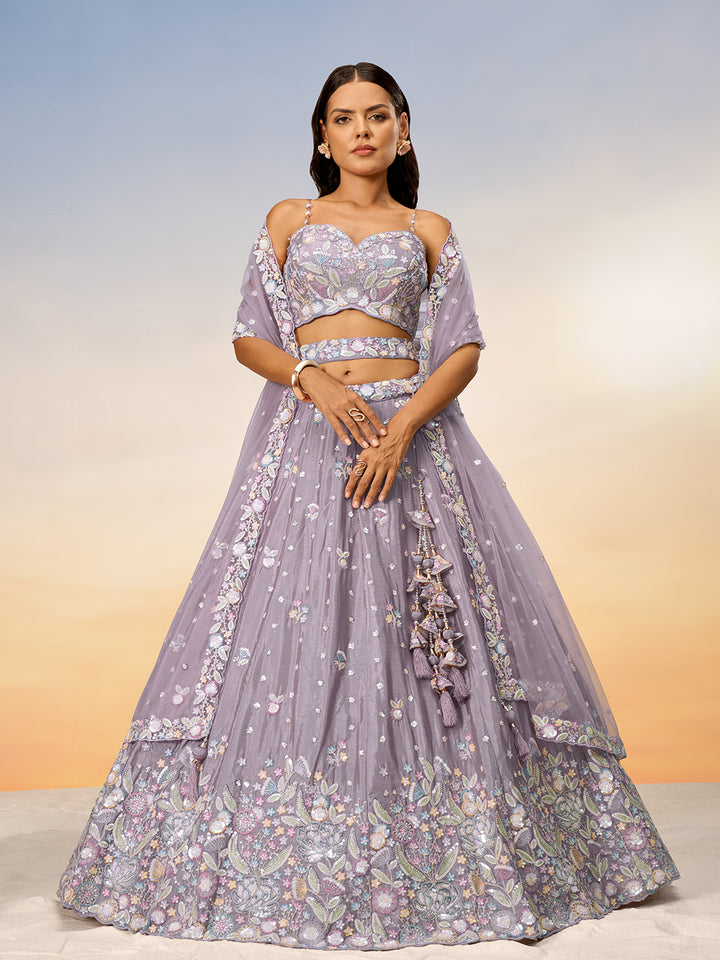 Lavender Chiffon Sequins and thread embroidery Semi-Stitched Lehenga choli & Dupatta ClothsVilla Main image