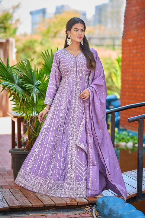 Lavender Chinon Embroidered Gown ClothsVilla Main image