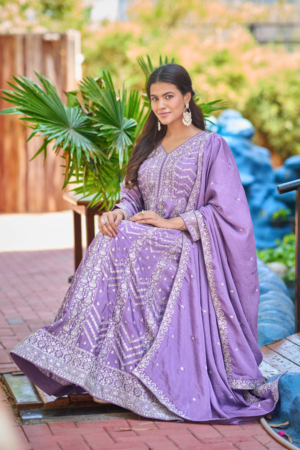Lavender Chinon Embroidered Gown ClothsVilla