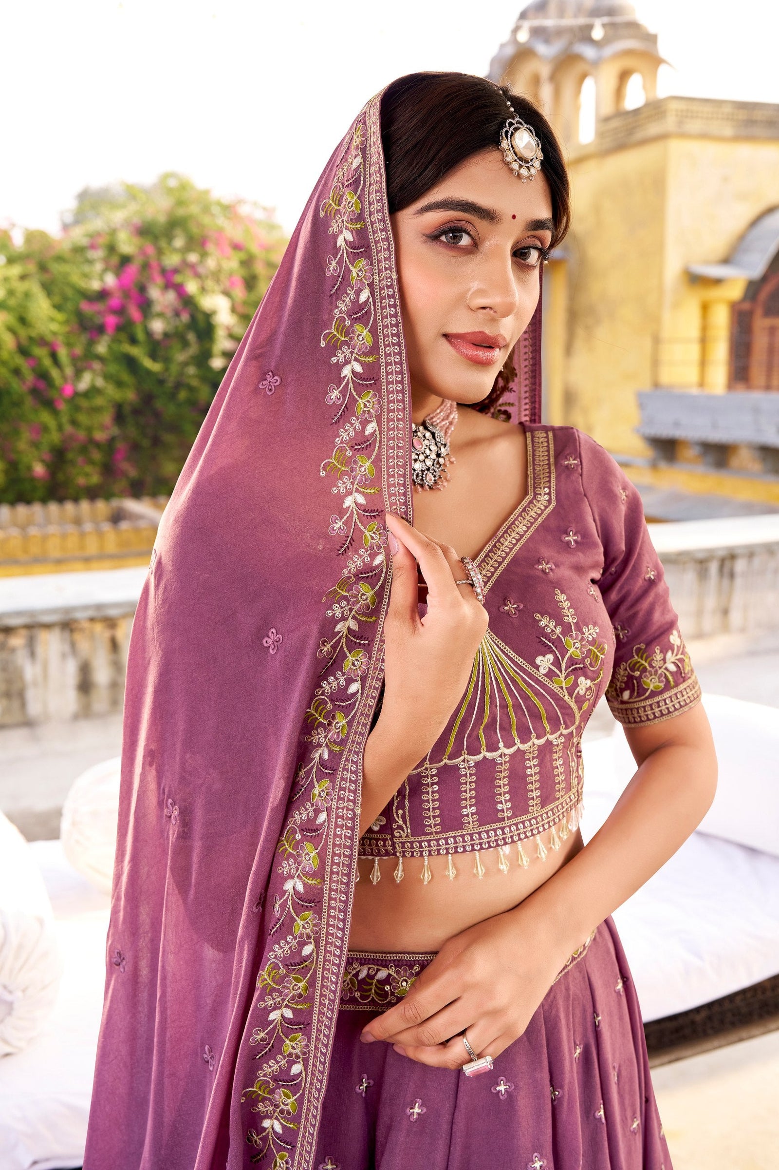 Lavender Chocolate Crush Sequins & Thread Embroidered Lehenga Choli Set with 4-Meter Flair & Matching Dupatta ClothsVilla