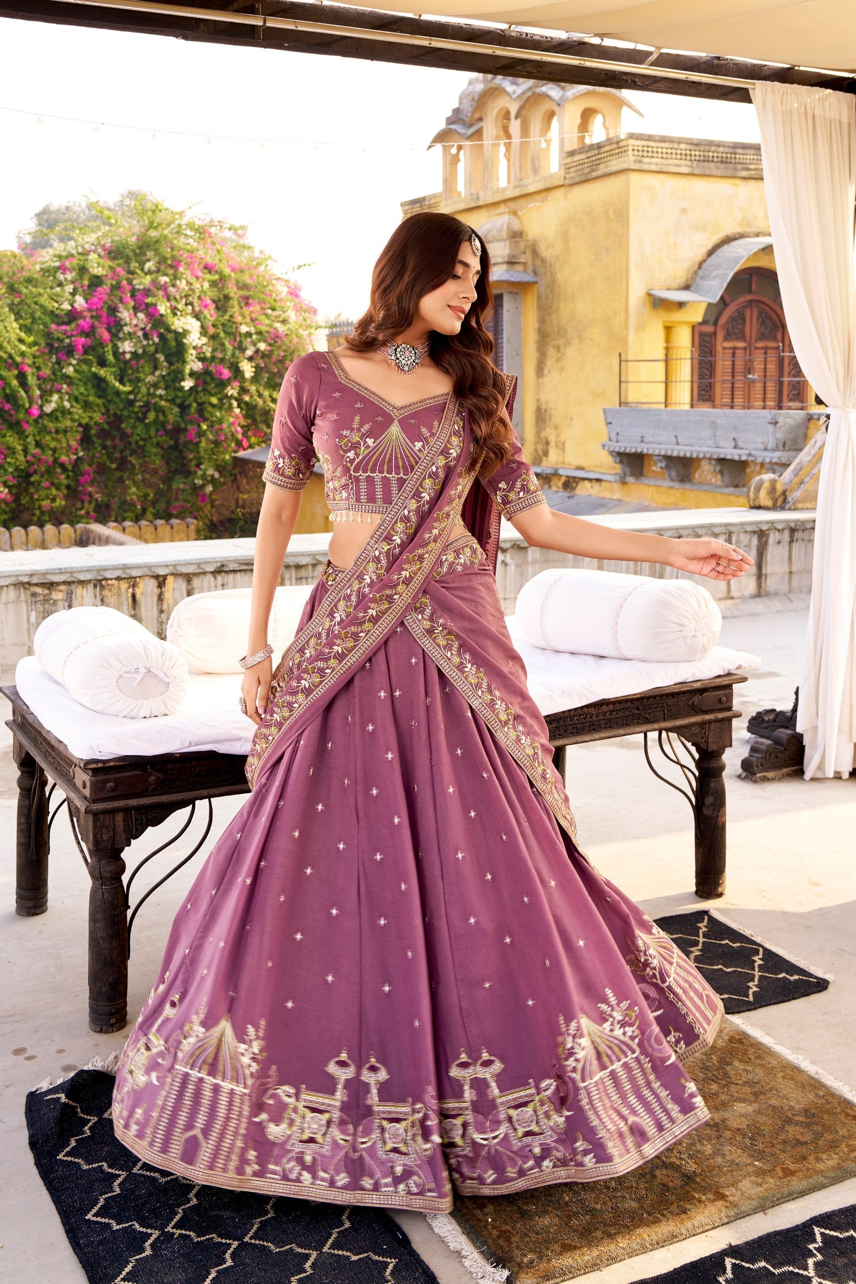 Lavender Chocolate Crush Sequins & Thread Embroidered Lehenga Choli Set with 4-Meter Flair & Matching Dupatta Secondary image