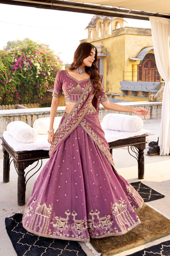 Lavender Chocolate Crush Sequins & Thread Embroidered Lehenga Choli Set with 4-Meter Flair & Matching Dupatta ClothsVilla
