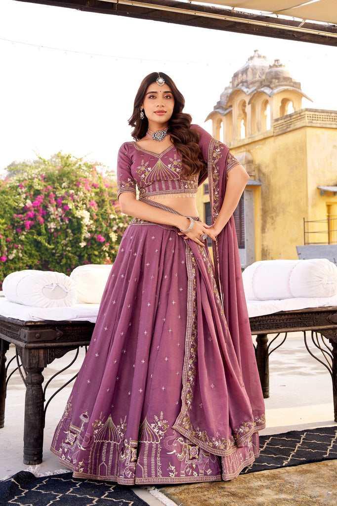 Lavender Chocolate Crush Sequins & Thread Embroidered Lehenga Choli Set with 4-Meter Flair & Matching Dupatta ClothsVilla