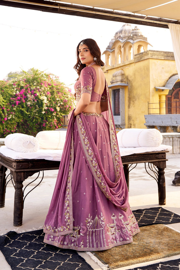 Lavender Chocolate Crush Sequins & Thread Embroidered Lehenga Choli Set with 4-Meter Flair & Matching Dupatta ClothsVilla