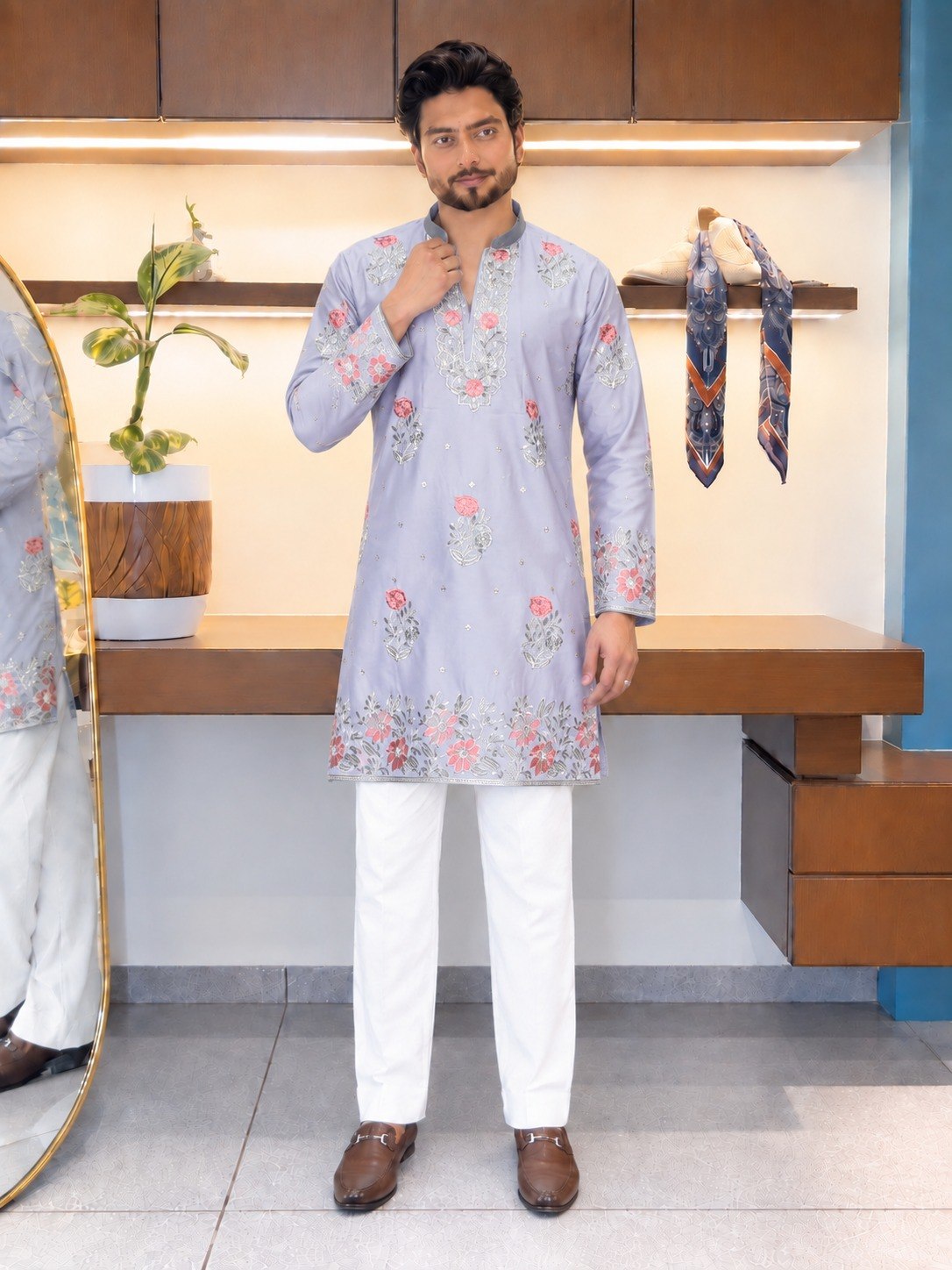 Lavender Coach Silk Kurta Pant Set ClothsVilla