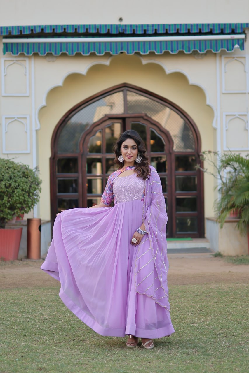 Lavender Color Elegance Premium Designer Readymade Gown with Dupatta ClothsVilla