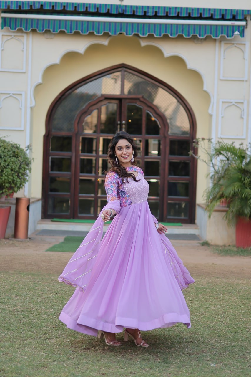 Lavender Color Elegance Premium Designer Readymade Gown with Dupatta ClothsVilla