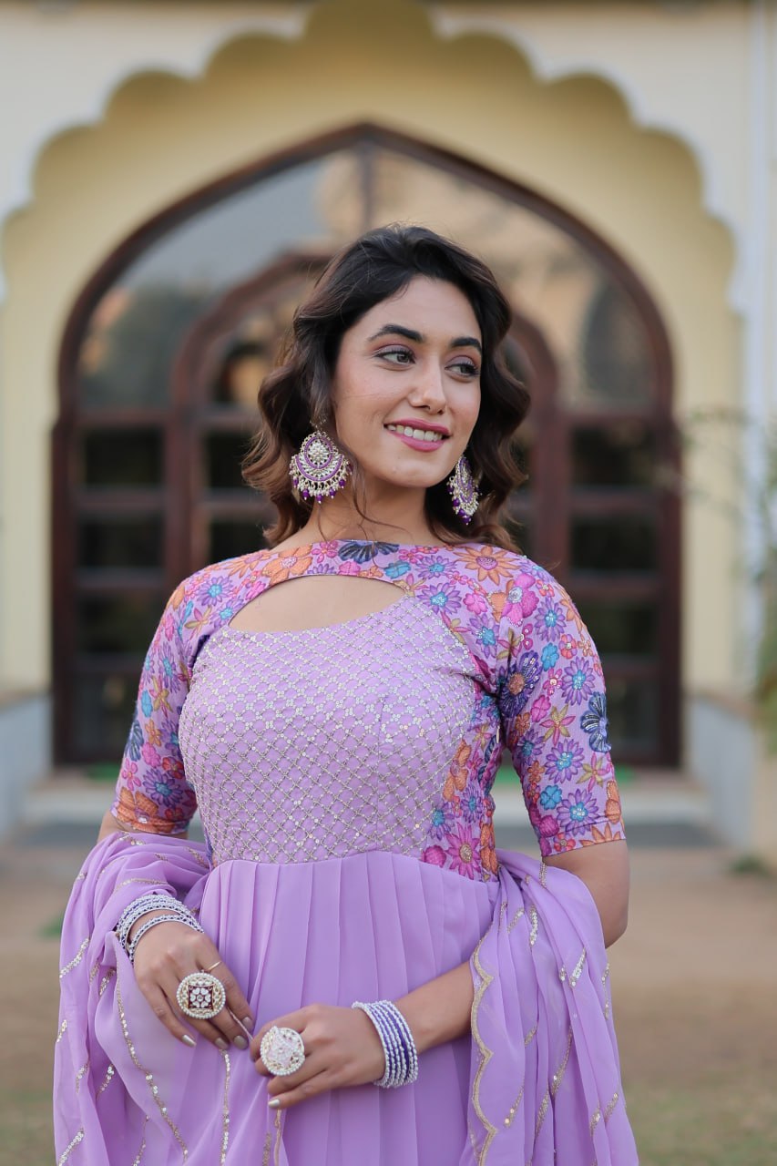 Lavender Color Elegance Premium Designer Readymade Gown with Dupatta ClothsVilla