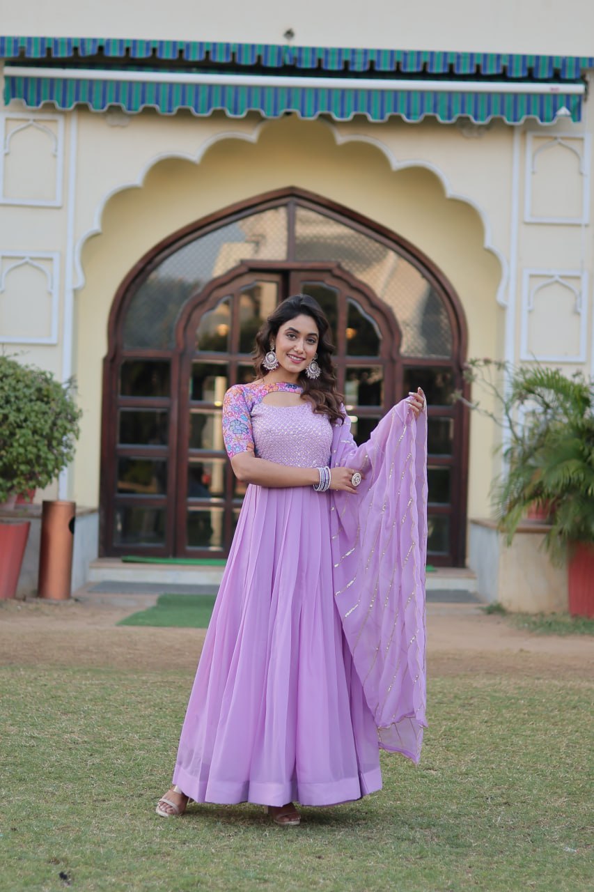 Lavender Color Elegance Premium Designer Readymade Gown with Dupatta ClothsVilla