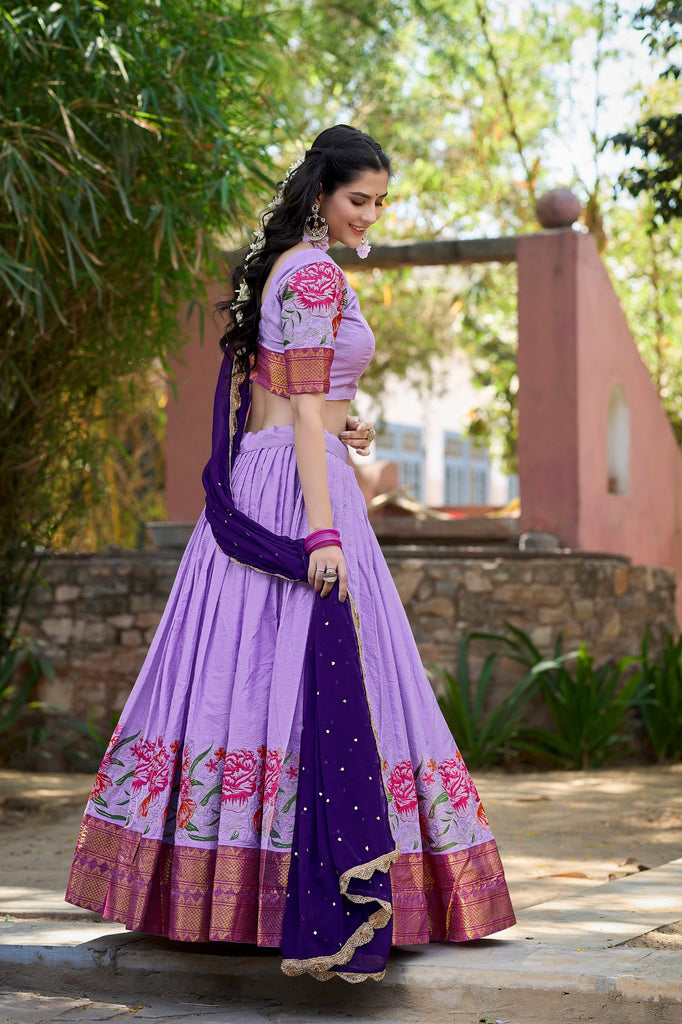 Lavender Cotton Silk Lehenga Choli with Thread Embroidery & Sequined Georgette Dupatta ClothsVilla