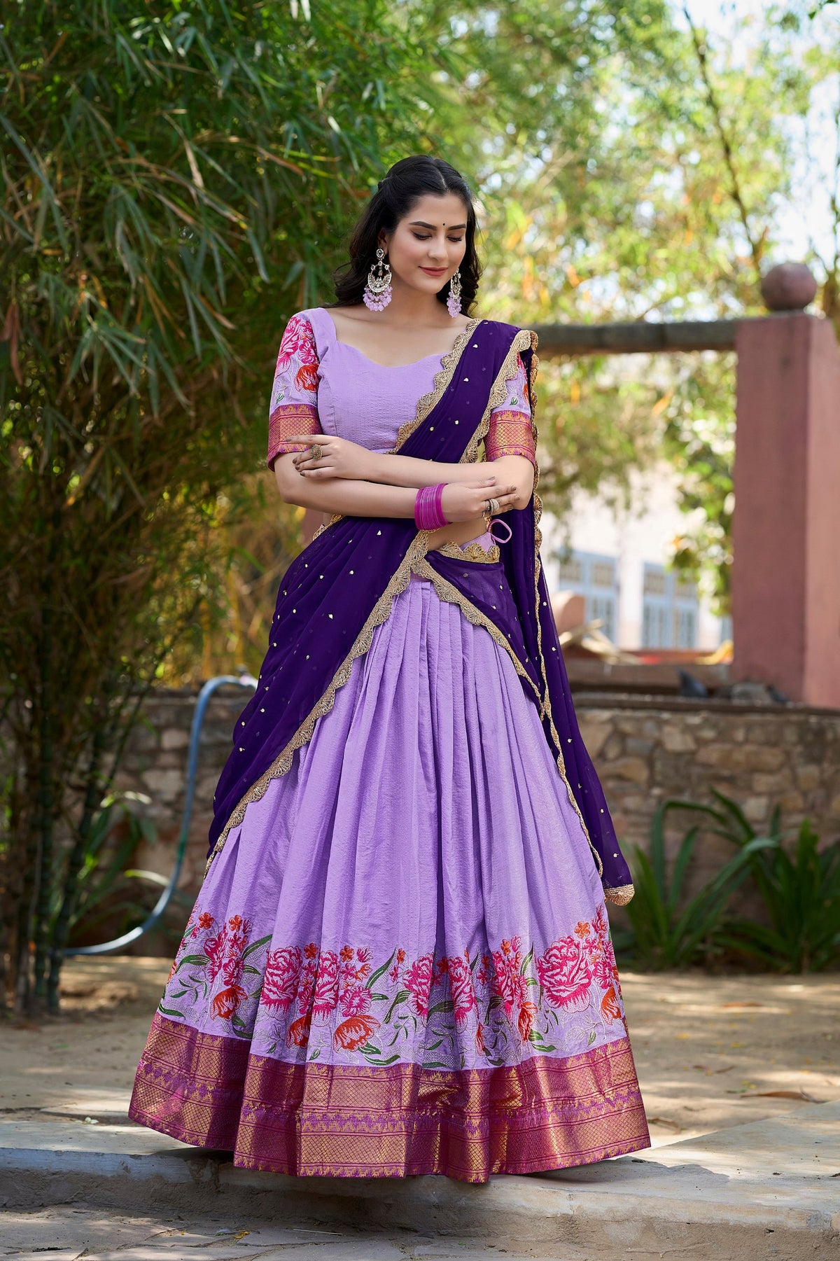 Lavender Cotton Silk Lehenga Choli with Thread Embroidery & Sequined Georgette Dupatta ClothsVilla Main image