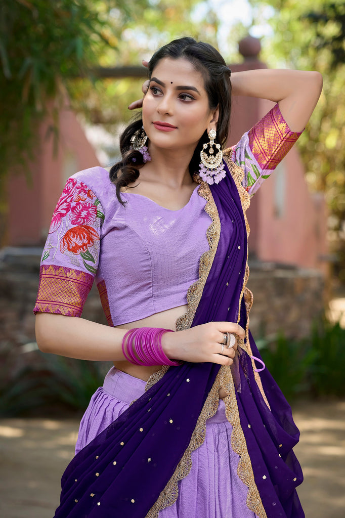 Lavender Cotton Silk Lehenga Choli with Thread Embroidery & Sequined Georgette Dupatta ClothsVilla