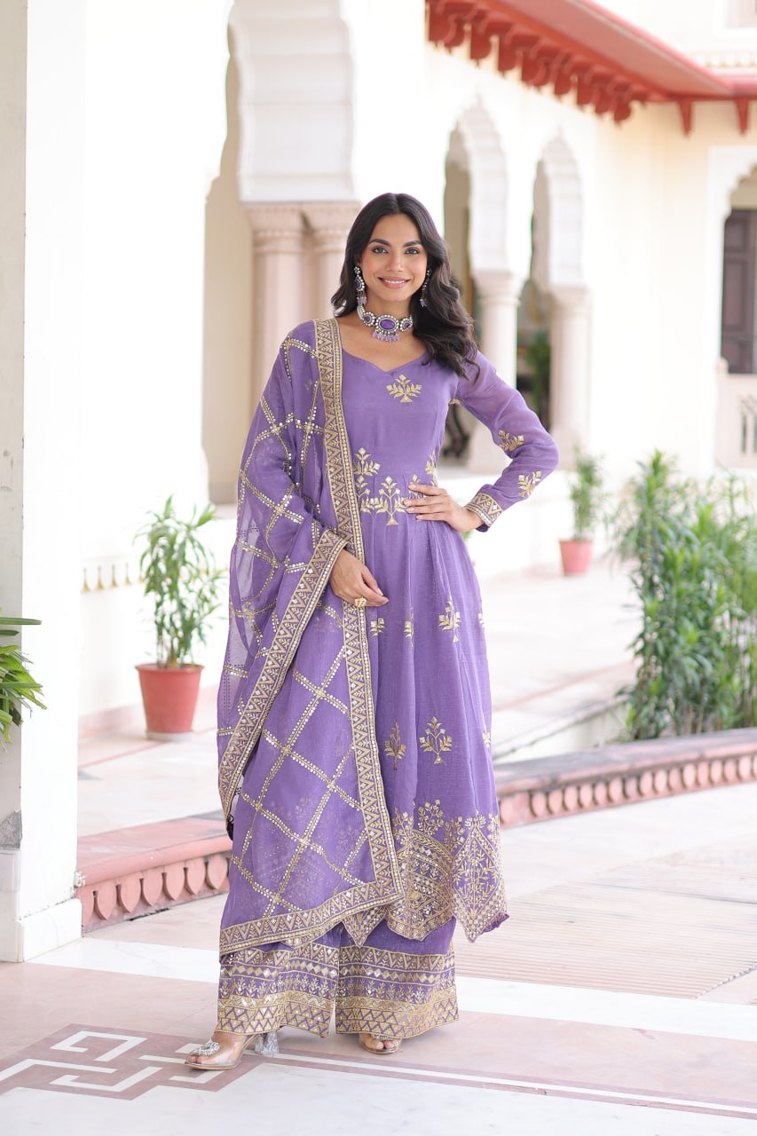 Lavender Crunchy Sequins Embroidered Gown Set with Full Sleeves, 3-Meter Flair, Designer Dupatta & Matching Bottom – Fully Stitched Party Wear Ensemble for Women ClothsVilla Main image