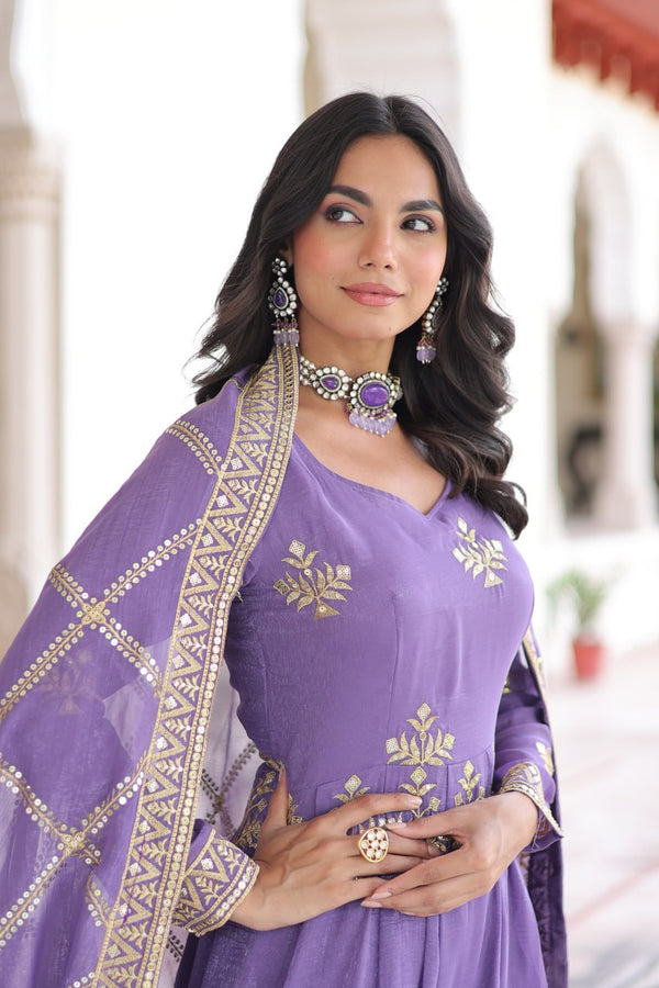 Lavender Crunchy Sequins Embroidered Gown Set with Full Sleeves, 3-Meter Flair, Designer Dupatta & Matching Bottom – Fully Stitched Party Wear Ensemble for Women ClothsVilla